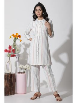 W - White Stripe Printed Pintuck Tunic & Pants Co-Ord (Set of 2)