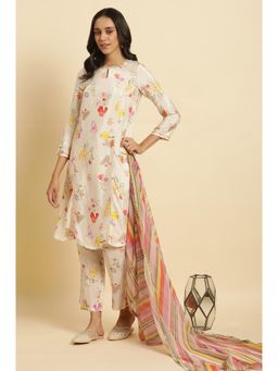 W - Cream Floral Printed Flared Kurta, Pant & Dupatta (Set of 3)