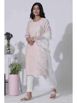 W - Light Pink Embroidered Cotton Lurex Kurta, Pants With Dupatta (Set of 3)