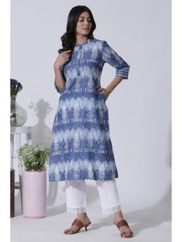 W - Blue Printed Tie-Dye Cotton Kurta & Straight Pants (Set of 2)