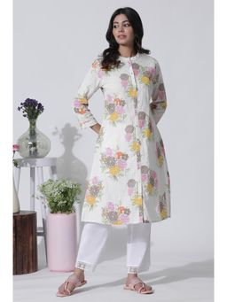 W - White Floral Printed Cotton Kurta & Straight Pants (Set of 2)