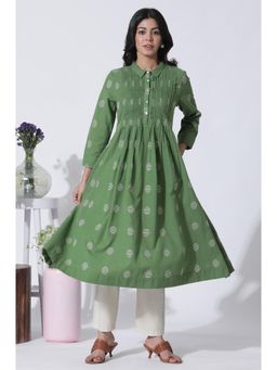 W - Green Dobby Polka Dot Kurta Dress & Pants (Set of 2)