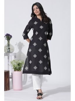 W - Black Cotton Flax Embroidered Kurta & Pants (Set of 2)