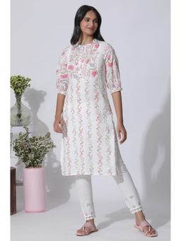 W - White Floral Printed Straight Cotton Kurta & Pants (Set of 2)