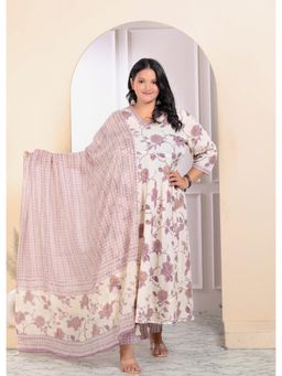 Doriyaan - Womens Plus Size Floral Pink Anarkali Kurta with Palazzo & Dupatta (Set of 3)