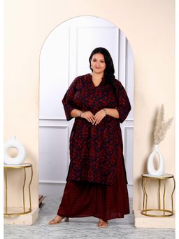 Doriyaan - Womens Plus Size Maroon Cotton Floral Printed Straight Kurta & Sharara (Set of 2)
