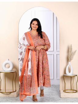 Doriyaan - Womens Plus Size Surpassing Orange Partywear Floral Kurta with Dupatta (Set of 2)