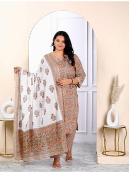 Doriyaan - Womens Plus Size Keyhole Neck Brown Straight Kurta & Palazzo with Dupatta (Set of 3)