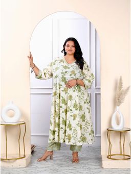 Doriyaan - Womens Plus Size Cotton Floral Print Green Anarkali Kurta & Palazzo (Set of 2)