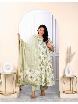 Doriyaan - Womens Plus Size Floral Cotton Green Anarkali Kurta Palazzo & Dupatta (Set of 3)