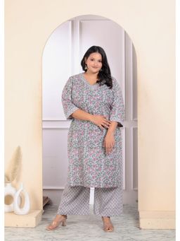 Doriyaan - Womens Plus Size Blue Cotton Office Wear Floral Printed Kurta Palazzo (Set of 2)