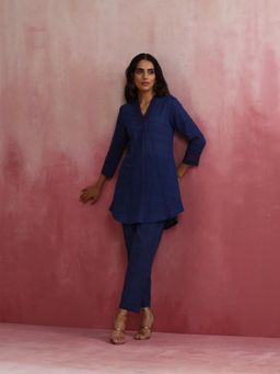 trueBrowns - Dark Blue Cotton Dobby Kurta Co-Ord (Set of 2)