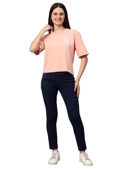 Cantabil - Women Printed Peach Half Sleeves Casual T Shirt