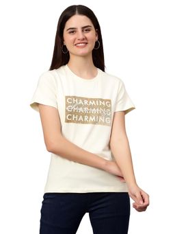 Cantabil - Women Printed Yellow Half Sleeves Casual T Shirt