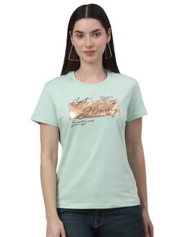 Cantabil - Women Printed Green Half Sleeves Casual T Shirt