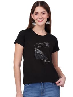 Cantabil - Women Printed Black Half Sleeves Casual T Shirt
