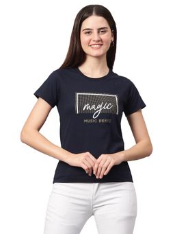 Cantabil - Women Printed Navy Blue Half Sleeves Casual T Shirt