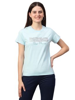 Cantabil - Women Printed Sky-Blue Half Sleeves Casual T Shirt