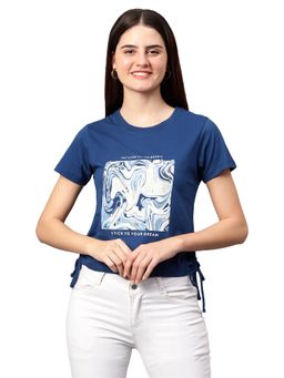 Cantabil - Women Printed Blue Half Sleeves Casual T Shirt