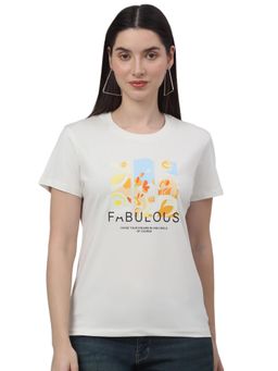 Cantabil - Women Printed Ivory Half Sleeves Casual T Shirt