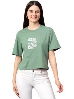 Cantabil - Women Printed Sea-Green Half Sleeves Casual T Shirt