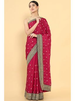 Soch - Women Maroon Chiffon Embroidered Saree with Unstitched Blouse
