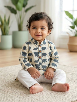 Kinder Kids - Elephant Printed Kurta and Pyjama- Off White