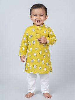 Kinder Kids - Elephant Printed Kurta and Pyjama- Green