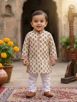 Kinder Kids - Floral Printed Kurta and Pyjama- Cream