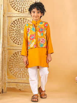 Kinder Kids - Solid Kurta and Pyjama With Printed Jacket - Mustard