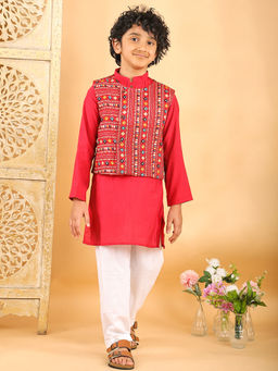 Kinder Kids - Solid Kurta and Pyjama With Printed Jacket - Red