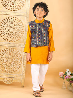Kinder Kids - Solid Kurta and Pyjama With Printed Jacket - Yellow and Blue