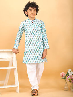 Kinder Kids - Floral Printed Kurta and Pyjama- Blue