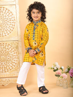 Kinder Kids - Elephant and Abstract Printed Kurta and Pyjama- Yellow