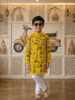 Kinder Kids - Scooter Printed Kurta and Pyjama- Yellow