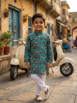 Kinder Kids - Scooter Printed Kurta and Pyjama- Green