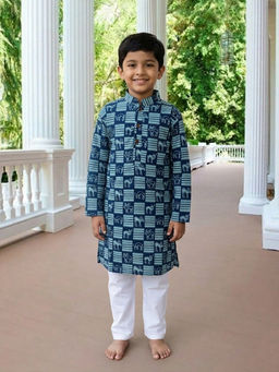 Kinder Kids - Printed Kurta and Pyjama- Blue