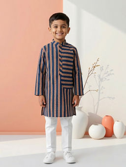 Kinder Kids - Striped Kurta and Pyjama- Blue