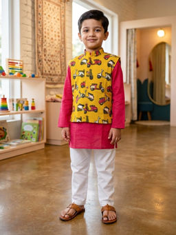 Kinder Kids - Solid Kurta and Pyjama With Printed Jacket - Red and Yellow