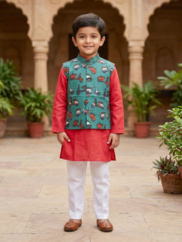 Kinder Kids - Solid Kurta and Pyjama With Printed Jacket - Red and Green