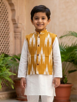 Kinder Kids - Solid Kurta and Pyjama With Ikat Printed Jacket -Yellow