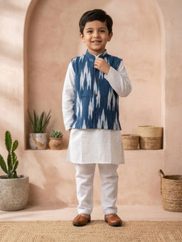 Kinder Kids - Solid Kurta and Pyjama With Ikat Printed Jacket -Blue