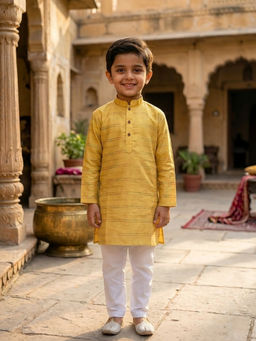 Kinder Kids - Striped Embroidered Kurta and Pyjama- Yellow