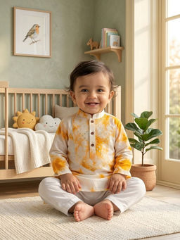Kinder Kids - Shibori Printed Mirror Work Kurta and Pyjama- Yellow