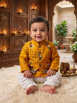 Kinder Kids - Solid Kurta and Pyjama With Printed Jacket - Mustard