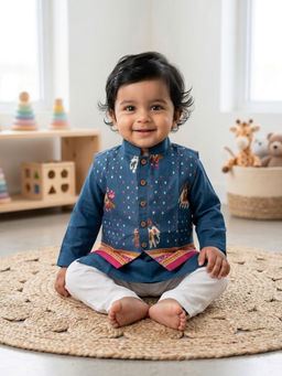 Kinder Kids - Solid Kurta and Pyjama With Printed Jacket - Blue