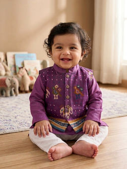 Kinder Kids - Solid Kurta and Pyjama With Printed Jacket - Purple