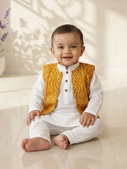 Kinder Kids - Solid Kurta and Pyjama With Bandhani Printed Jacket -Yellow