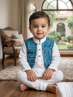 Kinder Kids - Solid Kurta and Pyjama With Bandhani Printed Jacket - Blue