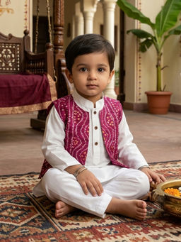Kinder Kids - Solid Kurta and Pyjama With Bandhani Printed Jacket - Pink
